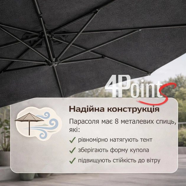 Садова парасолька 4Points Sunny регульована, з нахилом, 3 м, 8 спиць, темно-сіра - зображення 6