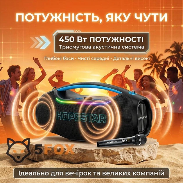 Портативна бездротова Bluetooth колонка Hopestar A60 Ultra |BT5.4, 450Вт, TWS, AUX/TF/USB/SJ DSP, 8h, IPX6, мікрофон| Grey - зображення 2