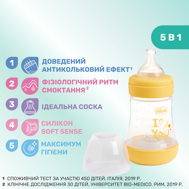 Бутылочка пластик Chicco PERFECT 5 Love, 150 мл, соска силикон, 0 м+, цвет желтый (20211.31.40) - Фото 3 Бутылочка пластик Chicco PERFECT 5 Love, 150 мл, соска силикон, 0 м+, цвет желтый (20211.31.40) - изображение 3