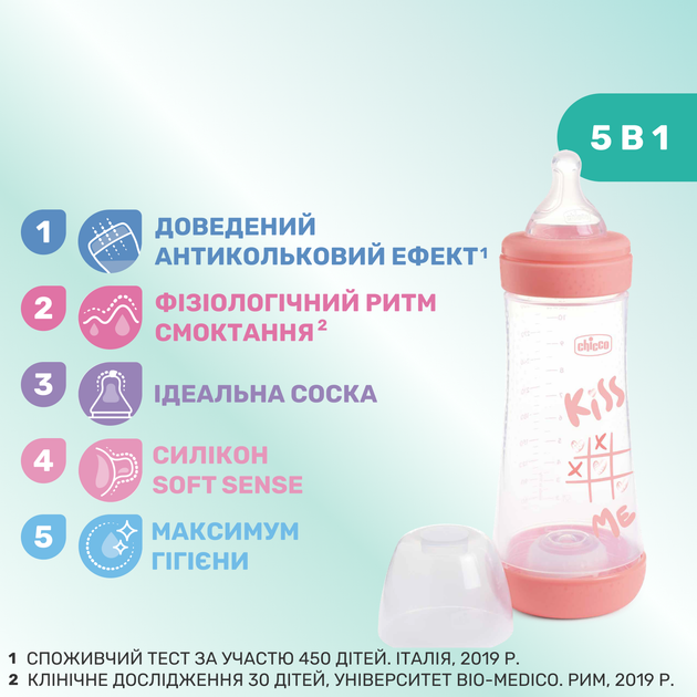 Пляшечка пластик Chicco PERFECT 5 Love, 300 мл, соска силікон, 4 м+, колір рожевий (20235.11.40) - зображення 3