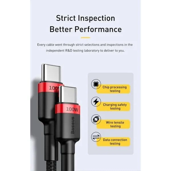 Кабель Baseus Cafule Flash Charging Data Line Cable Type-C to Type-C PD 2.0 QC 3.0 100W 20V 5A 2м (CATKLF-AL91) Black/Red - Фото 12 Кабель Baseus Cafule Flash Charging Data Line Cable Type-C to Type-C PD 2.0 QC 3.0 100W 20V 5A 2м (CATKLF-AL91) Black/Red - зображення 12