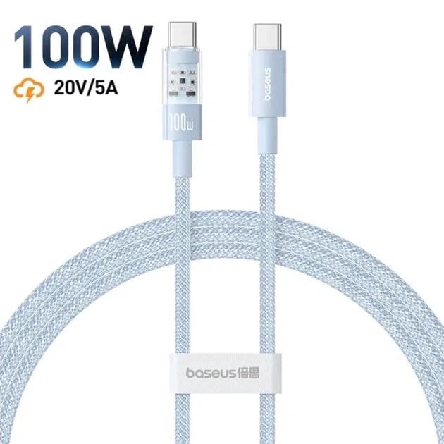 Кабель Baseus Gem Series Fast Charging Data Cable Type-C to Type-C 100W 20V 5A 1м (P10373000311-00) Blue - Фото 1 Кабель Baseus Gem Series Fast Charging Data Cable Type-C to Type-C 100W 20V 5A 1м (P10373000311-00) Blue - зображення 1