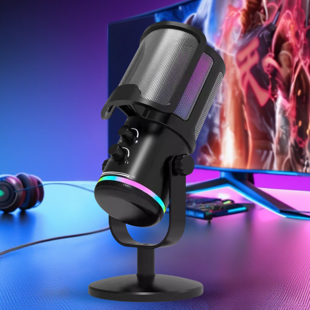 Игровой микрофон для стриминга настольный USB с шумоподавлением RGB подсветкой кардиоида для ПК ноутбука M16 JDT-0849641 - изображение 2