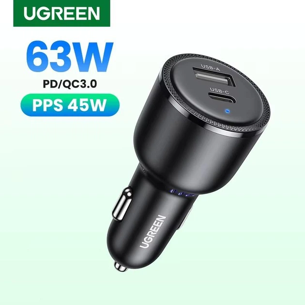 Автомобільний зарядний пристрій Ugreen CD239 63W із портом USB-C PPS-45W USB-A 18W 1C1A Black (90645) - Фото 1 Автомобільний зарядний пристрій Ugreen CD239 63W із портом USB-C PPS-45W USB-A 18W 1C1A Black (90645) - зображення 1