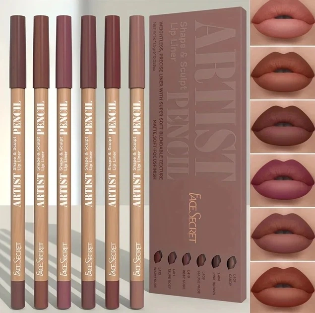 Набор карандашей для губ Face Secret Artist Pencil, 6 нюдовых оттенков. Стойкие карандаши для губ, коричневый - Фото 5 Набор карандашей для губ Face Secret Artist Pencil, 6 нюдовых оттенков. Стойкие карандаши для губ, коричневый - изображение 5