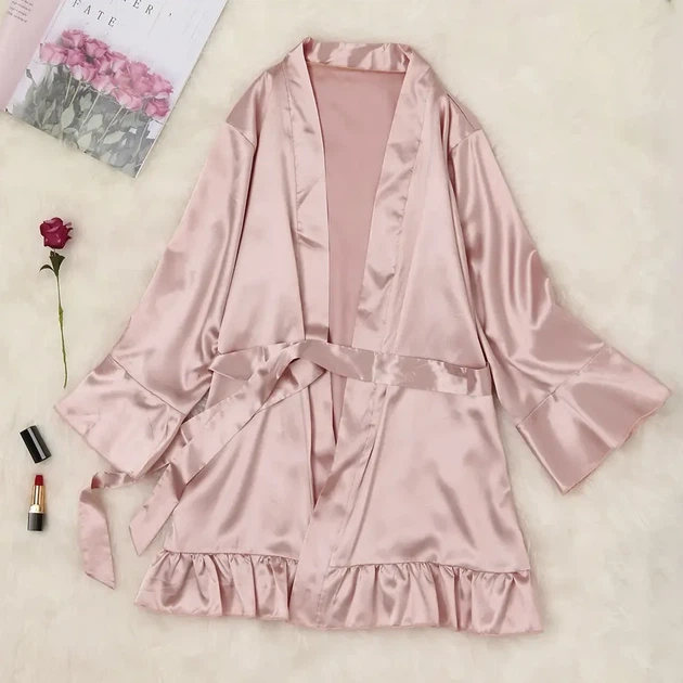 Красивий жіночий атласний халат з коротким поясом XL-2XL рожевий (222/35) - зображення 3
