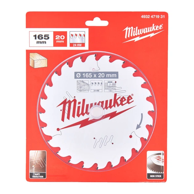 Диск пильний по дереву PFTE THIN KERF MILWAUKEE, діаметр 165х20х1, 6мм, 24 зуб. - Фото 1 Диск пильний по дереву PFTE THIN KERF MILWAUKEE, діаметр 165х20х1, 6мм, 24 зуб. - зображення 1