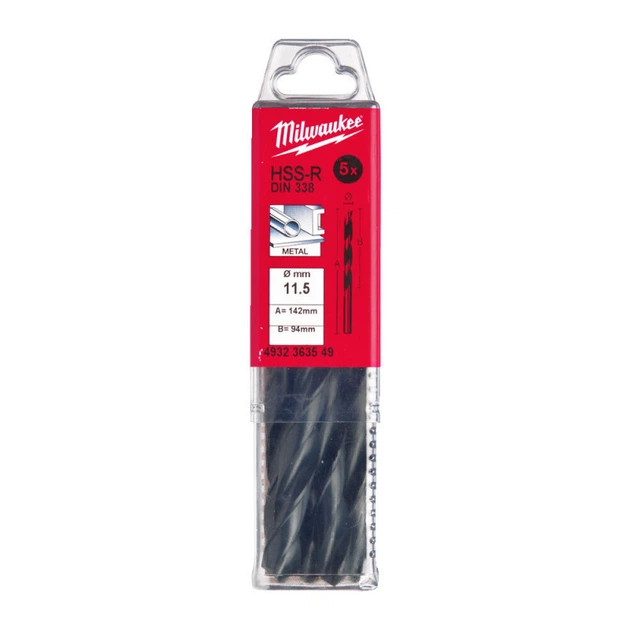 Сверло по металлу HSS-R MILWAUKEE DIN338, диаметр 11,5х142х94мм, (5шт), пластиковая коробка - Фото 1 Сверло по металлу HSS-R MILWAUKEE DIN338, диаметр 11,5х142х94мм, (5шт), пластиковая коробка - изображение 1