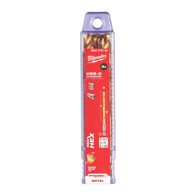 Сверло по металлу RedHEX SHOCKWAVE HSS-TiN MILWAUKEE, диаметр 10,0х120х76мм, (5шт), пластиковая коробка - Фото 1 Сверло по металлу RedHEX SHOCKWAVE HSS-TiN MILWAUKEE, диаметр 10,0х120х76мм, (5шт), пластиковая коробка - изображение 1