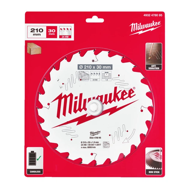 Диск пильный по дереву PFTE MILWAUKEE, диаметр 210х30х1,9 мм, 24 зуб. - Фото 1 Диск пильный по дереву PFTE MILWAUKEE, диаметр 210х30х1,9 мм, 24 зуб. - изображение 1