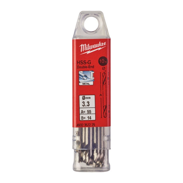 Сверло по металлу HSS-G MILWAUKEE, DIN 1412 C, диаметр 3,3х49х12мм, двустороннее, (10шт), пластиковая коробка - Фото 1 Сверло по металлу HSS-G MILWAUKEE, DIN 1412 C, диаметр 3,3х49х12мм, двустороннее, (10шт), пластиковая коробка - изображение 1