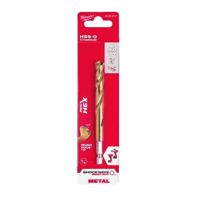 Сверло по металлу RedHEX SHOCKWAVE HSS-TiN MILWAUKEE, диаметр 9.0х117х73мм - Фото 1 Сверло по металлу RedHEX SHOCKWAVE HSS-TiN MILWAUKEE, диаметр 9.0х117х73мм - изображение 1