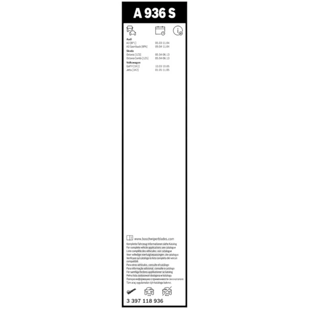 Щетка стеклоочистителя BOSCH AeroTwin A936S (к-кт 2 шт) 475 мм 600 мм Audi A3 (8P1) (2003–2004) A3 Sportback (8PA) (2004–2004) - Фото 4 Щетка стеклоочистителя BOSCH AeroTwin A936S (к-кт 2 шт) 475 мм 600 мм Audi A3 (8P1) (2003–2004) A3 Sportback (8PA) (2004–2004) - изображение 4