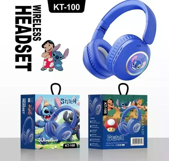 Детские беспроводные наушники Stitch KT-100 Blue Bluetooth с RGB-подсветкой, микрофоном и слотом MicroSD - изображение 3