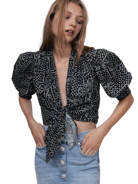 Укорочена жіноча блузка Zara з рукавами, що зав'язуються в пучок XL 4043/265/800 (XL) - Фото 1 Укорочена жіноча блузка Zara з рукавами, що зав'язуються в пучок XL 4043/265/800 (XL) - изображение 1