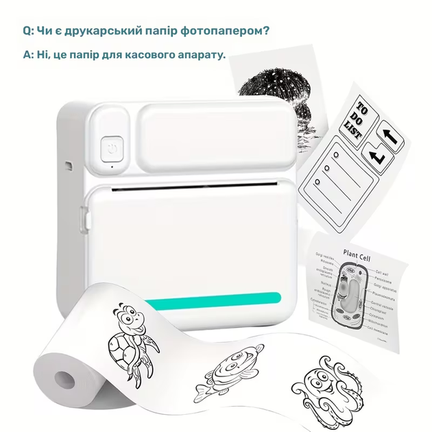Кишеньковий портативний термопринтер C19 для телефону (Bluetooth / 200 dpi) + Рулон термопаперу / Міні-принтер без чорнила / Біло-зелений - зображення 8