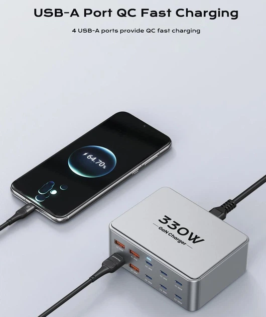 Потужний настільний зарядний пристрій Topzero 330W з 10 портами (6 Type-C + 4 USB-A) GaN Fast Charging - Фото 7 Потужний настільний зарядний пристрій Topzero 330W з 10 портами (6 Type-C + 4 USB-A) GaN Fast Charging - зображення 7