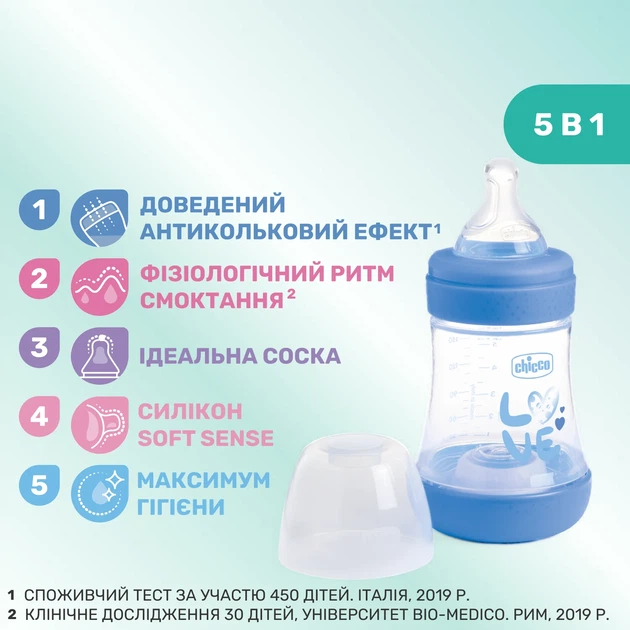 Пляшечка пластик Chicco PERFECT 5 Love, 150 мл, соска силікон, 0 м+, Блакитний - Фото 3 Пляшечка пластик Chicco PERFECT 5 Love, 150 мл, соска силікон, 0 м+, Блакитний - зображення 3