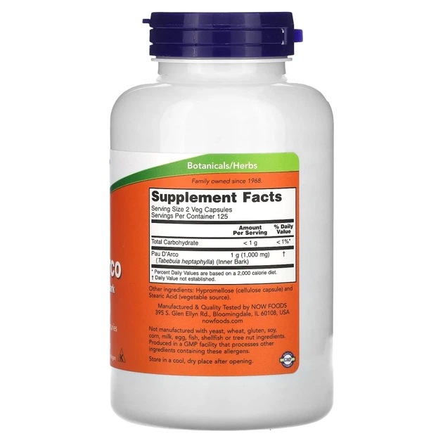 Кора мурашиного дерева NOW Foods (Pau D'Arco) 500 мг 250 рослинних капсул (NOW-04726) - изображение 2