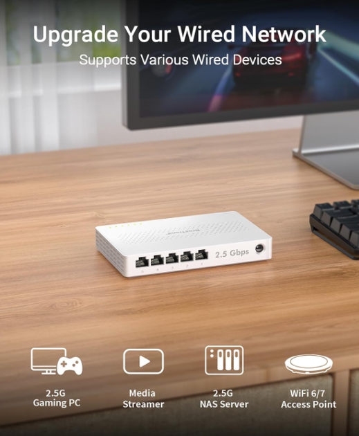 Коммутатор BrosTrend 5-портовый 2.5Gb Ethernet Switch, Plug & Play, для ПК, игровых консолей, NAS, Multi-Gigabit - изображение 6
