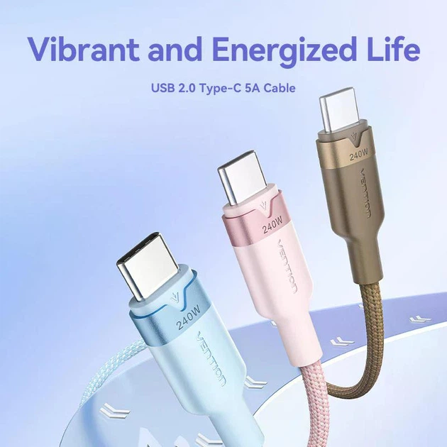 Кабель Vention USB 2.0 Type-C Male to Type-C Male 240W PD3.1 5A 1M Black Cable Aluminum Alloy (TRIBF) - зображення 2