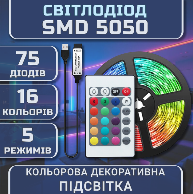 Светодиодная RGB SMD5050 лента комплект 5м с пультом на 24 кнопки, 15 светодиодов на метр, USB 5V - изображение 2