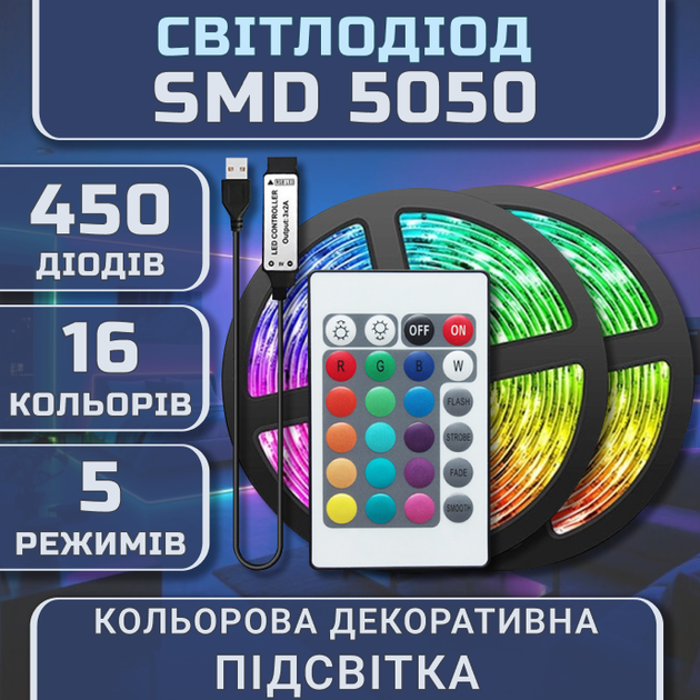 Светодиодная RGB SMD5050 лента комплект 30м с пультом на 24 кнопки, 15 светодиодов на метр, USB 5V - изображение 2