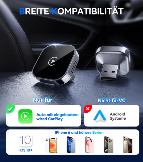 Бездротовий CarPlay адаптер для iPhone, перетворює Wired CarPlay на Wireless, Mini USB, Plug & Play, швидке та стабільне з’єднання - Фото 2 Бездротовий CarPlay адаптер для iPhone, перетворює Wired CarPlay на Wireless, Mini USB, Plug & Play, швидке та стабільне з’єднання - зображення 2