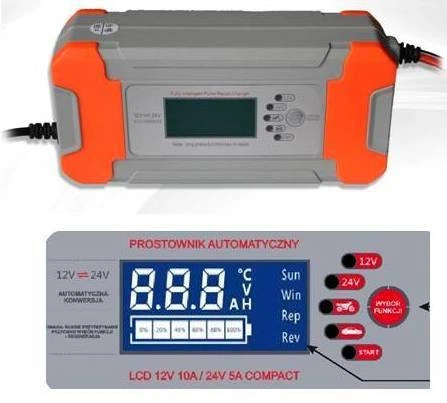 Інтелектуальний зарядний пристрій для аккумулятора 12/24V 10A 120W з LCD дисплеєм, автоматична зарядка для автомобільних АКБ - зображення 3
