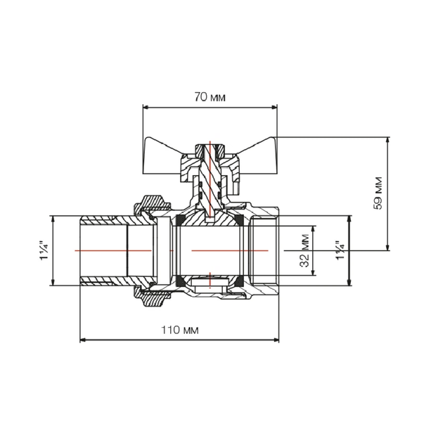 Кран-американка кульовий TAMIGI Ø1 1/4″ red PN30 –10°C/+120°C Idrosanitaria Bonomi (76500010R) - зображення 2