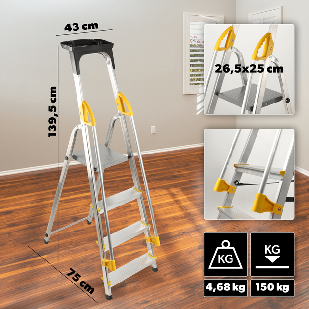 Drabina aluminiowa Kadax Bykle z podestem 4 stopnie 150 kg K4419 (5903699435069) - obraz 5