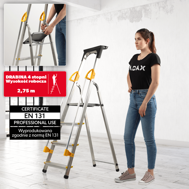Drabina aluminiowa Kadax Bykle z podestem 4 stopnie 150 kg K4419 (5903699435069) - obraz 6