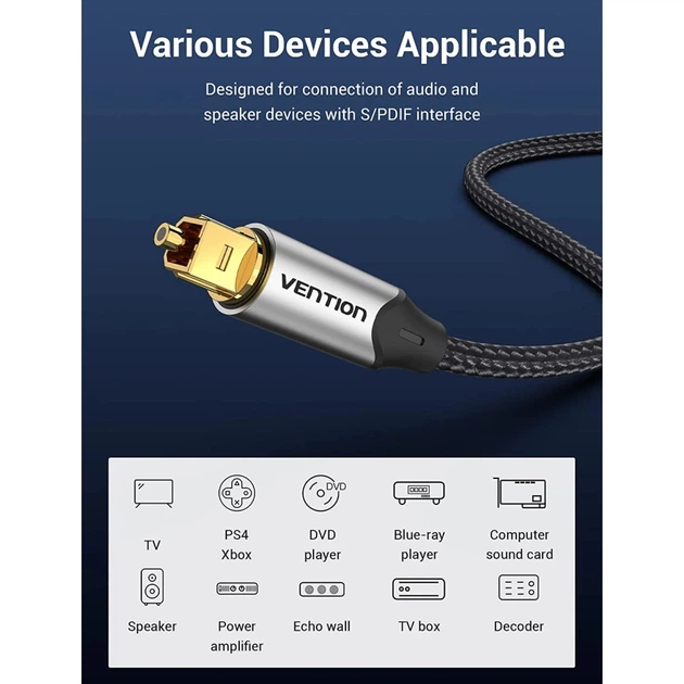 Кабель мультимедійний Optical Toslink 1.0m gray Vention (BAVHF) - зображення 8
