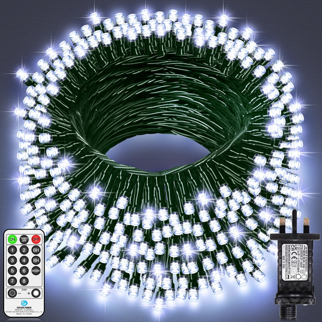 Уличная светодиодная гирлянда JXLEDAYY 60 м 500 LED холодный белый | 8 режимов, таймер, IP44, для дома, сада и елки (переходник в - изображение 2