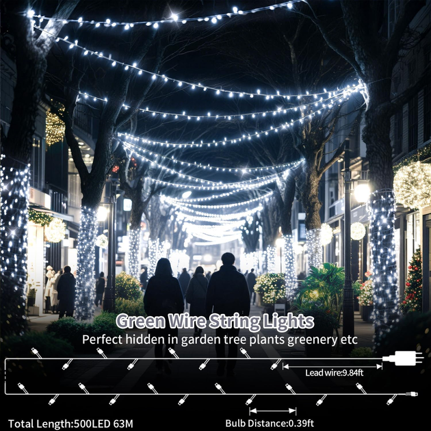 Уличная светодиодная гирлянда JXLEDAYY 60 м 500 LED холодный белый | 8 режимов, таймер, IP44, для дома, сада и елки (переходник в - изображение 6
