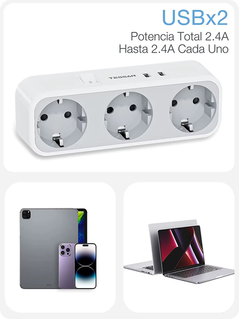 Сетевой фильтр Tessan TS-322 3600Вт 16А Белый разветвитель тройник 3 розетки 2 USB-А с выключателем - Фото 3 Сетевой фильтр Tessan TS-322 3600Вт 16А Белый разветвитель тройник 3 розетки 2 USB-А с выключателем - изображение 3
