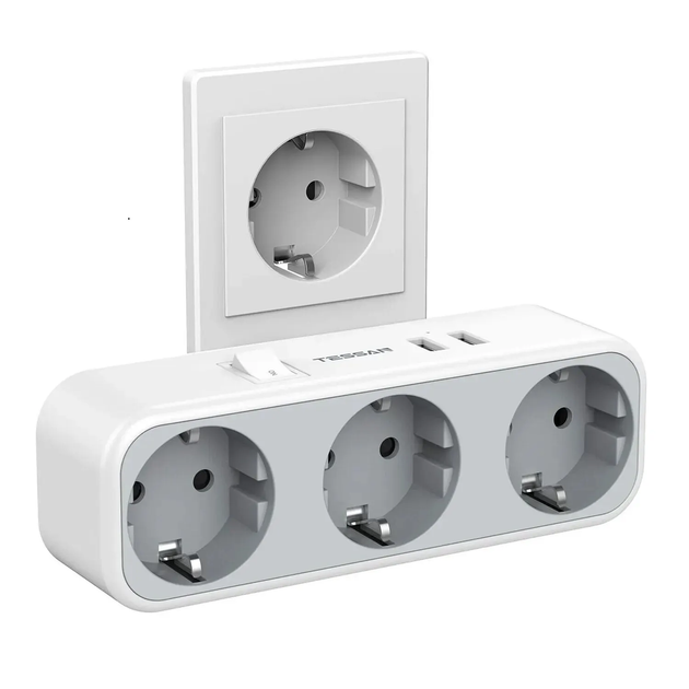 Сетевой фильтр Tessan TS-322 3600Вт 16А Белый разветвитель тройник 3 розетки 2 USB-А с выключателем - Фото 5 Сетевой фильтр Tessan TS-322 3600Вт 16А Белый разветвитель тройник 3 розетки 2 USB-А с выключателем - изображение 5