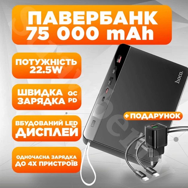 УМБ Павербанк Hoco J94 75000 mah 20W 5A и Подарок Сетевой Адаптер Hoco 20W с кабелем Type-C to Type-C с быстрой зарядкой Черный - Фото 1 УМБ Павербанк Hoco J94 75000 mah 20W 5A и Подарок Сетевой Адаптер Hoco 20W с кабелем Type-C to Type-C с быстрой зарядкой Черный - изображение 1