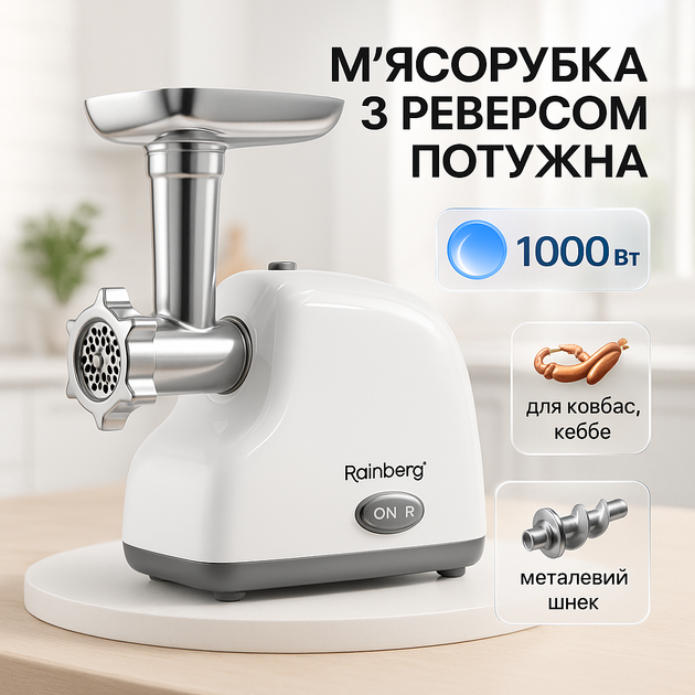 М'ясорубка електрична Rainberg RB-2319 із системою реверсу насадка куббе 3000Вт White - Фото 1 М'ясорубка електрична Rainberg RB-2319 із системою реверсу насадка куббе 3000Вт White - зображення 1