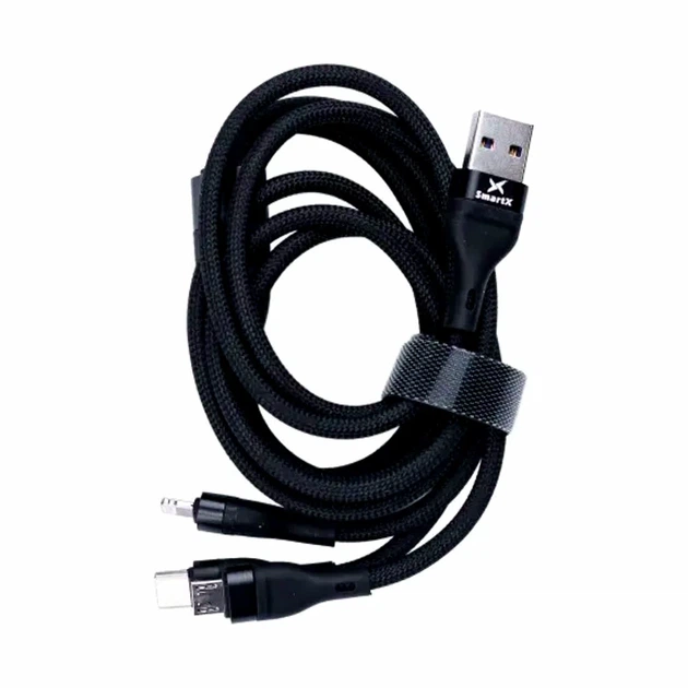 Кабель для заряджання 3 в 1 microUSB Type-C Lightning підтримка швидкого заряджання чорний - Фото 1 Кабель для заряджання 3 в 1 microUSB Type-C Lightning підтримка швидкого заряджання чорний - зображення 1