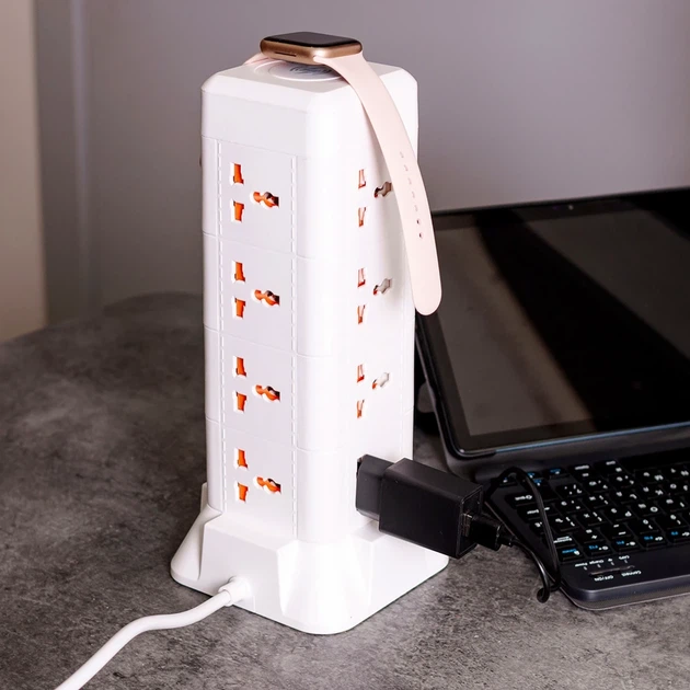 Мережевий фільтр подовжувач 4.8 м 12 розеток 2 USB 1 Type-C бездротова зарядка потужність 2500 В білий ABS B24 - зображення 2