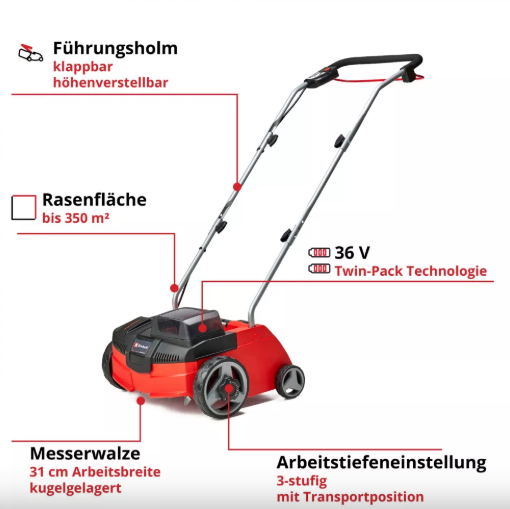 Вертикуттер-аератор акумуляторний Einhell GC-SC 36/31 Li X-Change (без акум.), 36В, ширина 310 мм, без травозбірника і вала аерації - изображение 9