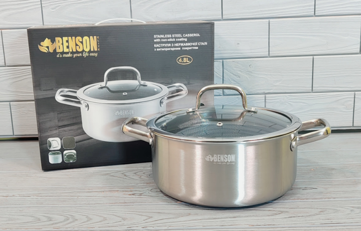 Каструля з кришкою Benson BN-437 4.7л 24см з нержавіючої сталі - Фото 1 Каструля з кришкою Benson BN-437 4.7л 24см з нержавіючої сталі - зображення 1