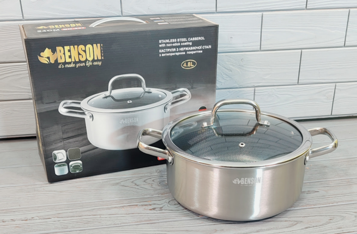 Каструля з кришкою Benson BN-437 4.7л 24см з нержавіючої сталі - Фото 2 Каструля з кришкою Benson BN-437 4.7л 24см з нержавіючої сталі - зображення 2