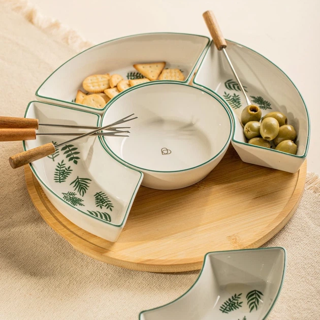 Тарілка Homla Fincan з чашами в зелене листя 5 шт + обертовий піднос 30 см (5906496755286) - зображення 6