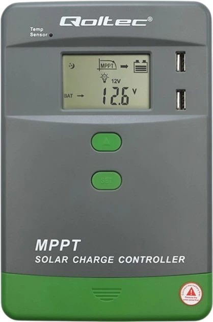 Solarny regulator ładowania Qoltec MPPT z czujnikiem temperatury 10 A 12/24 V (5901878536682) - obraz 1
