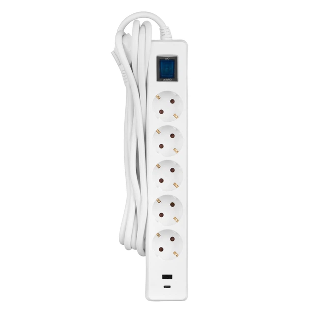 Подовжувач мережевий 2E 3м, 5xТипF, 16A, 1xUSB-A,1xUSB-C, фільтр, білий (649499) - зображення 3