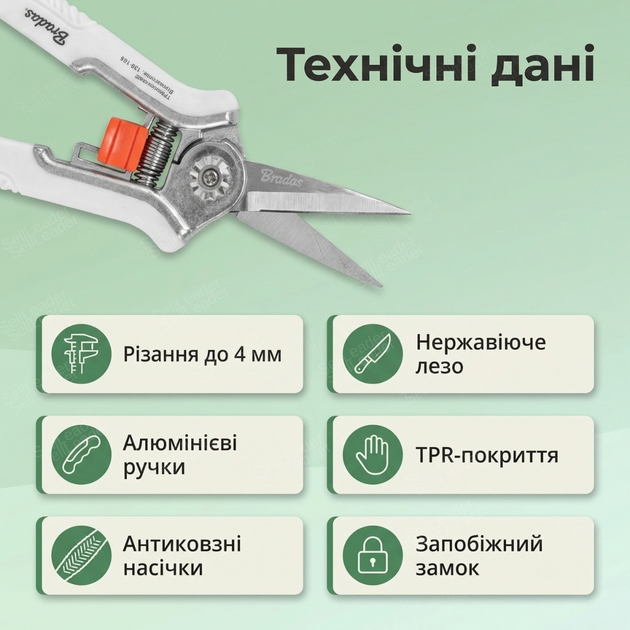 Секатор прямой Bradas садовый нержавеющая сталь с обводным лезвием для цветов побегов ручной 4 мм срез - Фото 3 Секатор прямой Bradas садовый нержавеющая сталь с обводным лезвием для цветов побегов ручной 4 мм срез - изображение 3