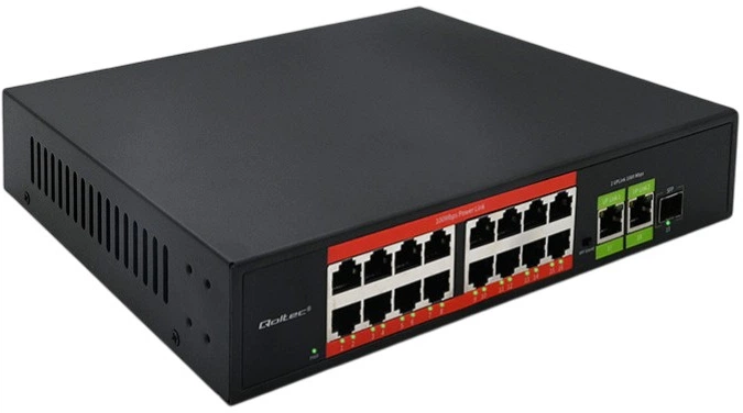 Комутатор Qoltec SWITCH Fast Ethernet PoE 16 x RJ45 PoE / 2 x RJ45 Uplink / 1 x SFP 250W 1000 Mbps (5901878522913) - зображення 1