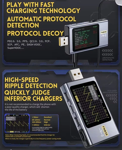 USB тестер FNIRSI FNB58 з Bluetooth, вимірювач напруги, струму та потужності, PD QC - изображение 4